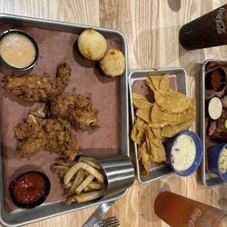 Jim 'N Nick's Bar-B-Q - Chicken tenders and loaded queso.