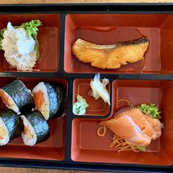 Yamato Japanese Restaurant - Yamato lunch box, fish mayo salad, salmon teriyaki, sushi roll, sashimi