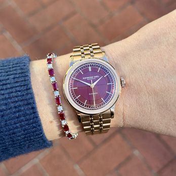 Bromberg's & - Raymond Weil Millesime watch paired with a ruby and diamond bracelet. - Watches Near Me - Birmingham, Alabama Bromberg's & - Raymond Weil Millesime watch paired with a ruby and diamond bracelet. - Watches Near Me - Birmingham, Alabama