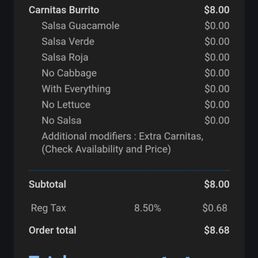 I ordered a carnitas burrito with extra meat tonight, it was a good burrito but in no way worth $11.85 ,there was no extra meat in it I ordered a carnitas burrito with extra meat tonight, it was a good burrito but in no way worth $11.85 ,there was no extra meat in it