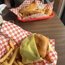 The Original Super Burger Willis - 1/4 lb. BBQ Bacon Cheeseburger Combo & 3 Piece Catfish Platter
