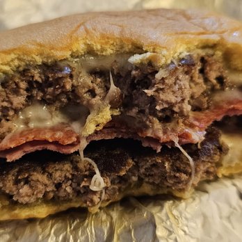 Food Freaks Unique Burger - Double Godfather - salami, pepperoni and mozzarella (I chose to get the creamy garlic pesto on the side.) - Food Trucks Near Me - Mocksville, North Carolina
