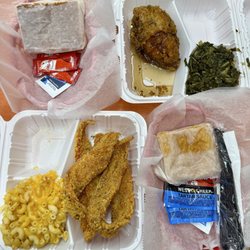 Amy Ruth Downtown - Honey chicken (breast +$1) with 1 side - collard greens; Fried catfish with 1 side- mac n cheese. Each with Cornbread