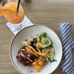 Bayside Grill - Ahi tuna poke bowl and mobile bay sunset