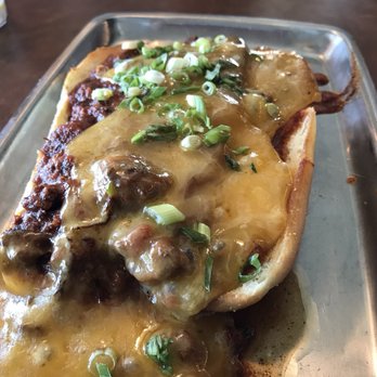 Feed Co. Burgers - "The Dog" with optional chili, cheese and green onions. Didn't realized it was going to be open faced which I didn't love. - Burgers Near Me - Seattle, Washington Feed Co. Burgers - "The Dog" with optional chili, cheese and green onions. Didn't realized it was going to be open faced which I didn't love. - Burgers Near Me - Seattle, Washington