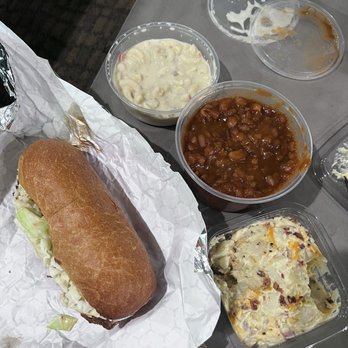 Rhodie's Smokin BBQ - Brisket sandwich with sides. Potato salad. Pepper jack Mac n cheese. & some of the greatest baked beans in history. - Barbeque Near Me - Issaquah, Washington Rhodie's Smokin BBQ - Brisket sandwich with sides. Potato salad. Pepper jack Mac n cheese. & some of the greatest baked beans in history. - Barbeque Near Me - Issaquah, Washington