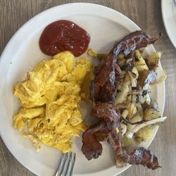 Scrambled, bacon, and home fries the way they should be.