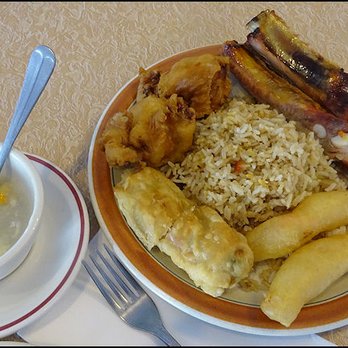 China Cafe - "Asia Platter," which is shown, along with my bowl of "Cantonese Cream Corn Soup," which my server brought as an appetizer. - Chinese Near Me - Porterville, California