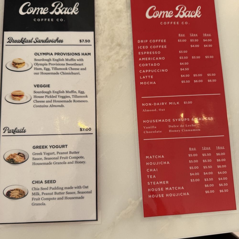 Come Back Coffee - Menu - Coffee & Tea Near Me - La Mesa, California
