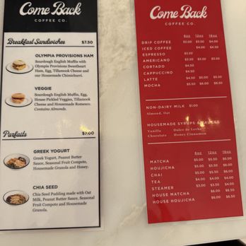 Come Back Coffee - Menu - Coffee & Tea Near Me - La Mesa, California