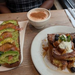 Chai latte, avocado toast and French toast Chai latte, avocado toast and French toast
