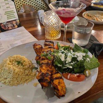 The Olive Restobar - Chicken 2 KABOB SKEWER COMBO PLATTER and hibiscus martini - Mediterranean Near Me - Downey, California