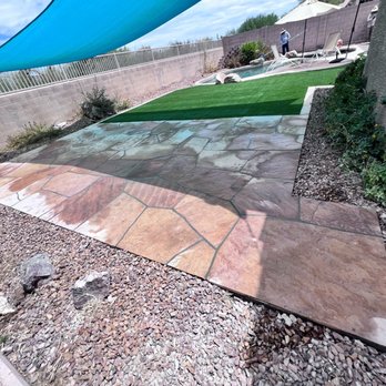 Soledad Masonry - Complete redo of backyard. Addition of the rocks, stone, artificial grass and the redoing of stamped concrete around the pool - Masonry/Concrete Near Me
