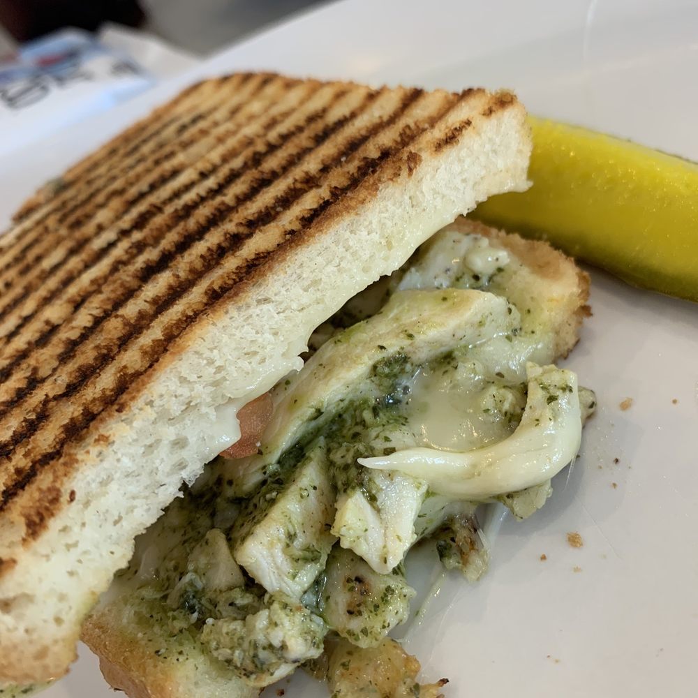 Garden Panini overflowing with chicken, melted provolone, tomato slices and pesto- YUM! Garden Panini overflowing with chicken, melted provolone, tomato slices and pesto- YUM!