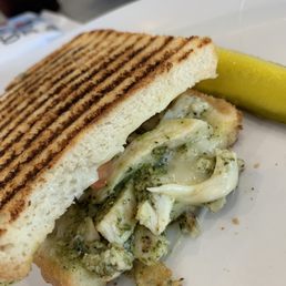 Garden Panini overflowing with chicken, melted provolone, tomato slices and pesto- YUM! Garden Panini overflowing with chicken, melted provolone, tomato slices and pesto- YUM!