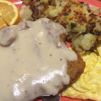 The Potholder Cafe - Chicken Fried Steak: Steak toped with gravy, 2 eggs, potato, and toast. - Breakfast & Brunch Near Me - Long Beach, California The Potholder Cafe - Chicken Fried Steak: Steak toped with gravy, 2 eggs, potato, and toast. - Breakfast & Brunch Near Me - Long Beach, California