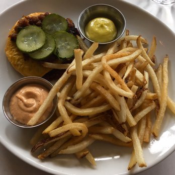 Dolly's Restaurant - Veggie burger (no bun); mustard and an aioli type side sauce. Delicious fries -- yum! - New American Near Me - Philipstown, New York