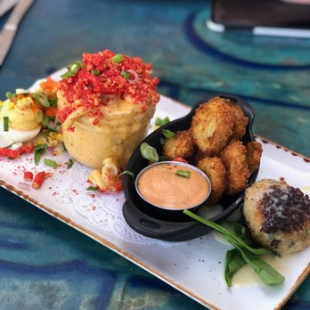 The Attic - The Sampler is a great way to try a little bit of everything (deviled eggs, mac n' cheetos, fried pickles, and crab cake) - Breakfast & Brunch Near Me - Long Beach, California