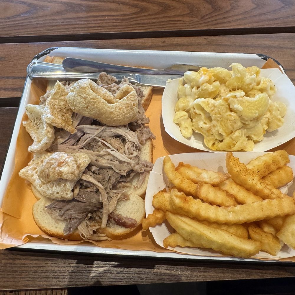WHOLE HOG SANDWICH, mac & cheese, and fries.