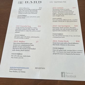 Barr Estate Winery - 9/2022 menu - Wineries Near Me - Paso Robles, California