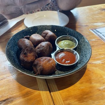 Chapel + Main - Corn doggies with sweet & spicy mustard and spicy ketchup - New American Near Me - Dover, New Hampshire