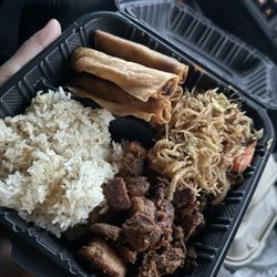 Grace’s Lumpia - pork adobo plate with pancit, rice, and lumpia