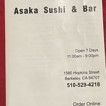Asaka Sushi & Bar - Menu Cover (Aug. 2024) - Sushi Bars Near Me - Berkeley, California