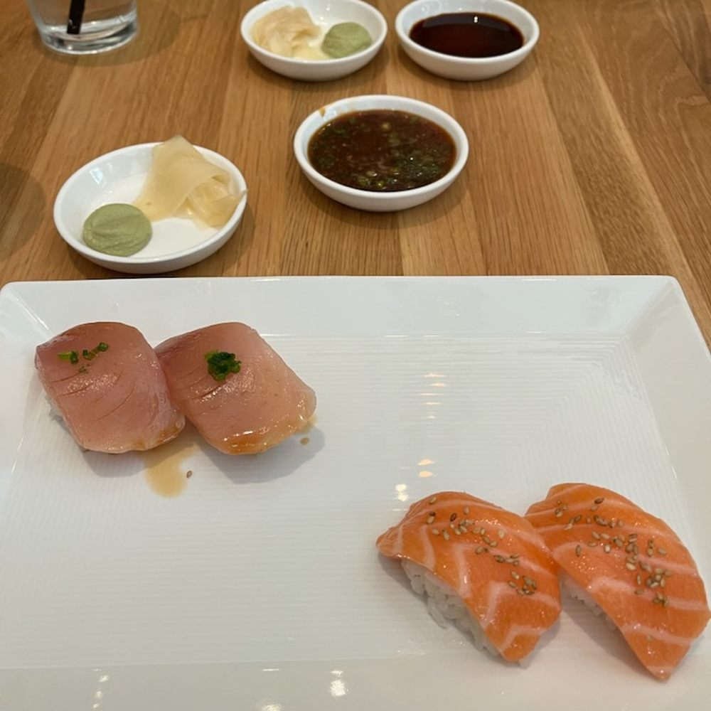SUGARFISH | Pasadena - Albacore sushi (top left) and salmon sushi (bottom right) - Japanese Near Me - Pasadena, California SUGARFISH | Pasadena - Albacore sushi (top left) and salmon sushi (bottom right) - Japanese Near Me - Pasadena, California