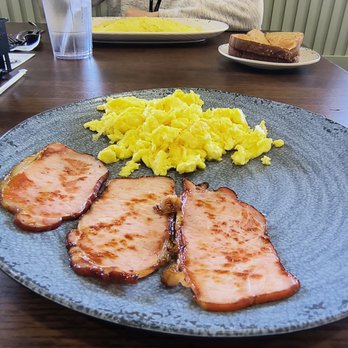 The Nest Egg Cafe - Scrambled Eggs, Canadian Bacon, and a English muffin. - Breakfast & Brunch Near Me - Allendale, Michigan