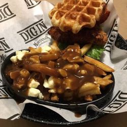 Chicken and waffle sandwich w/side poutine! yum!