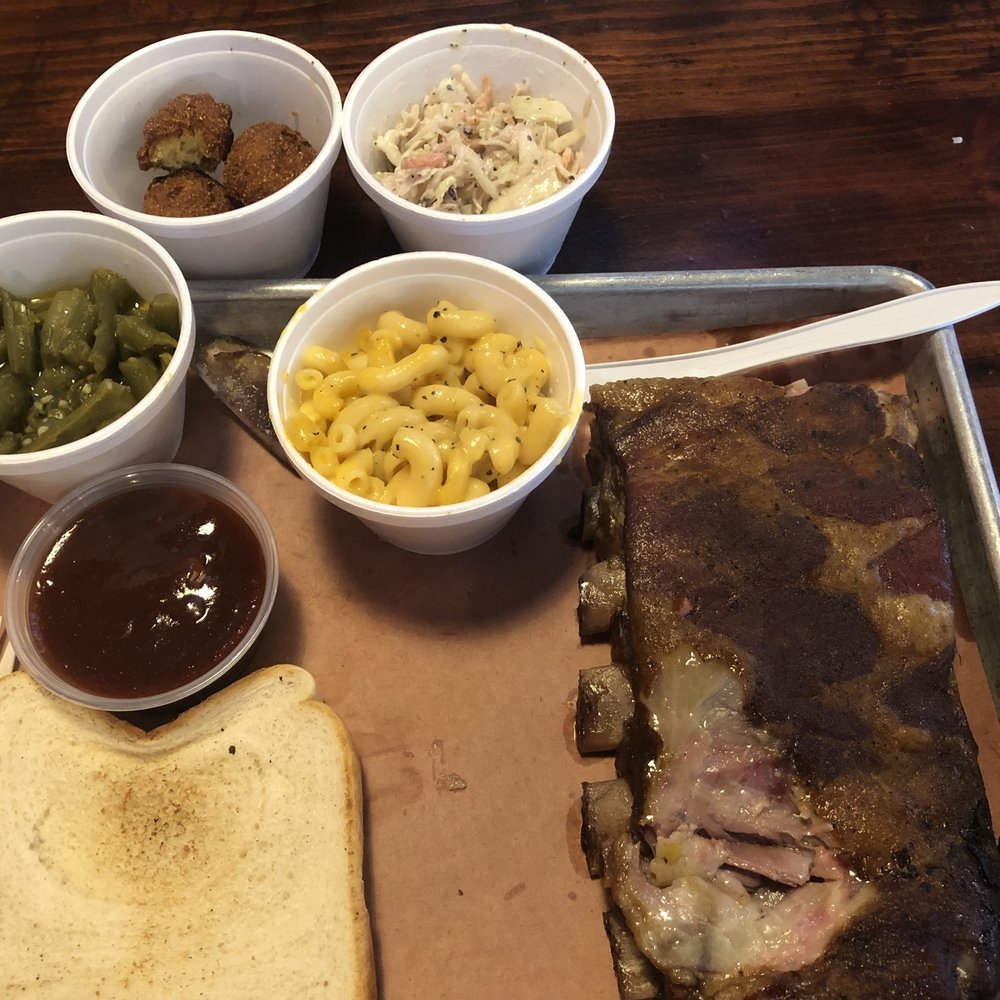 Delta Q - Half rack of pork ribs, green beans, mac and cheese, hush puppies and cole slaw. - Barbeque Near Me - Forrest City, Arkansas Delta Q - Half rack of pork ribs, green beans, mac and cheese, hush puppies and cole slaw. - Barbeque Near Me - Forrest City, Arkansas