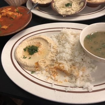 Jafar's Mediterranean Grill - Top left: Pita bread, Hummus sampler, lentil soup, rice, hummus, curry chicken. - Mediterranean Near Me - Van Alstyne, Texas