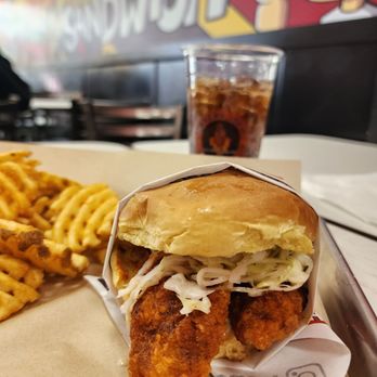 Hangry Joe's - Ashburn - Chicken Sando Jr. (Medium Spice). Can't imagine what the normal size is like! Seasoned waffle fries. - Fast Food Near Me - Ashburn, Virginia Hangry Joe's - Ashburn - Chicken Sando Jr. (Medium Spice). Can't imagine what the normal size is like! Seasoned waffle fries. - Fast Food Near Me - Ashburn, Virginia