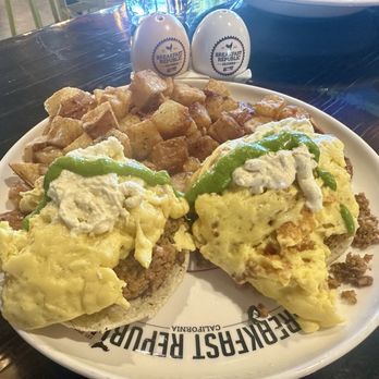 Breakfast Republic - Delicious  Vegan "Bennie" breakfast with vegan eggs, sausage and delicious jalapeño berry jam and perfect house potatoes! - Breakfast & Brunch Near Me - Palm Desert, California
