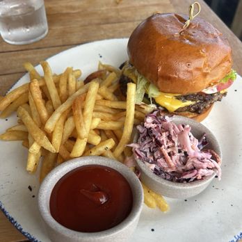 Straight Wharf Fish - Smash burger with French fries and coleslaw - Seafood Near Me - Nantucket, Massachusetts Straight Wharf Fish - Smash burger with French fries and coleslaw - Seafood Near Me - Nantucket, Massachusetts