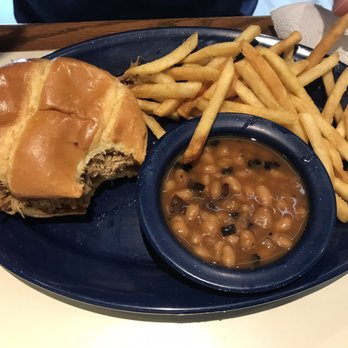 Trail Boss BBQ And Catering - Pulled pork dinner sandwich with baked beans and French fries - Barbeque Near Me - Ashland, Missouri Trail Boss BBQ And Catering - Pulled pork dinner sandwich with baked beans and French fries - Barbeque Near Me - Ashland, Missouri