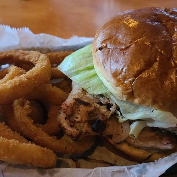 Plump's Last Shot - Grilled Tenderloin cut in half and stacked with Onion Rings. - Bars Near Me - Indianapolis, Indiana