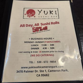 Yuki Sushi Bar - Menu cover - Sushi Bars Near Me - Cameron Park, California