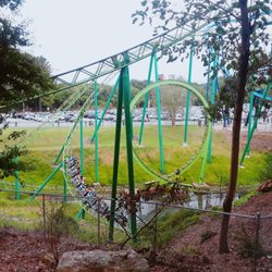 Riddler MindBender - One of my favorite shots of this tremendous custom looper - a train at the base of the inclined dive helix. It's a terrific ride!!