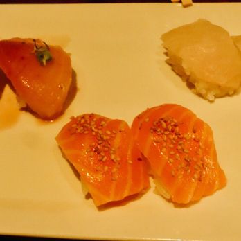 SUGARFISH | Flatiron - From left to right: Albacore Sushi, Salmon sushi, and the NZ Sea bream sushi (from the Nozawa Trust Me menu) - Sushi Bars Near Me - New York, New York