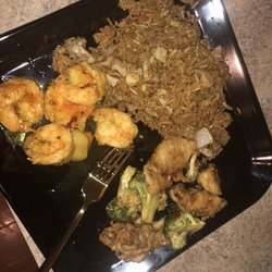China Town - Garlic Chicken, Curry Shrimp with onions, and chicken fried rice. *My personal plates and silverware*