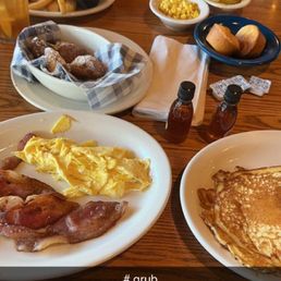Breakfast Beignets, momma's breakfast and chicken strips and fries with fried apples and corn and corn muffins. Breakfast Beignets, momma's breakfast and chicken strips and fries with fried apples and corn and corn muffins.