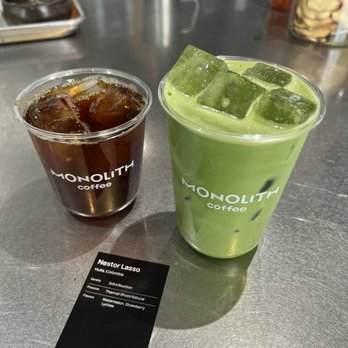 Monolith Coffee - matcha latte and nestor lasso iced black coffee - Coffee & Tea Near Me - Alhambra, California