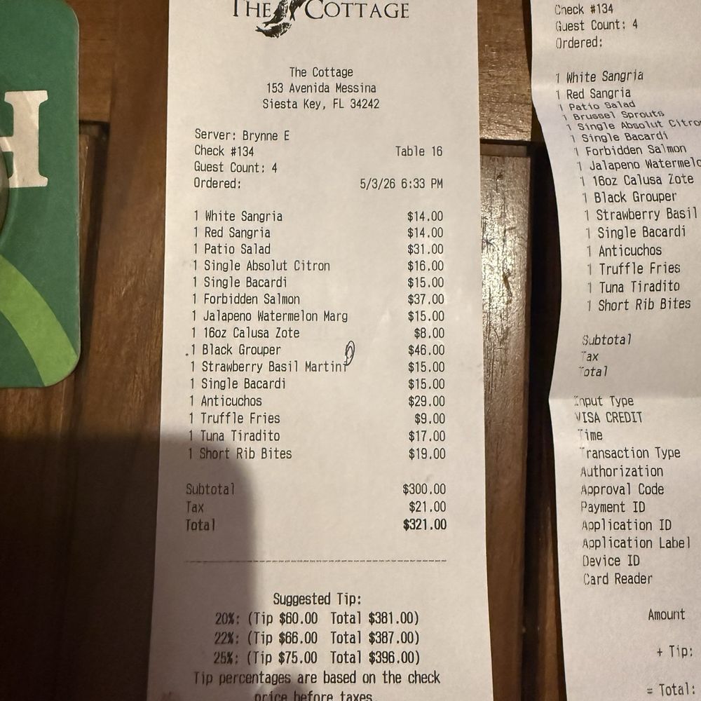 The Cottage - Receipt with brussel sprouts removed (then they were added back before she ran our card) - New American Near Me - Sarasota, Florida The Cottage - Receipt with brussel sprouts removed (then they were added back before she ran our card) - New American Near Me - Sarasota, Florida