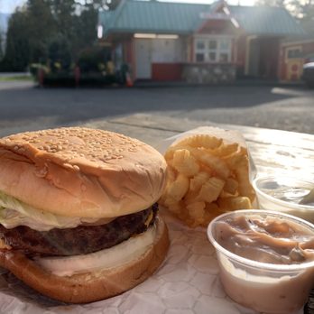 Alpen Village Drive-In - Standard burger with crinkle cut fries. - Burgers Near Me - Sultan, Washington Alpen Village Drive-In - Standard burger with crinkle cut fries. - Burgers Near Me - Sultan, Washington