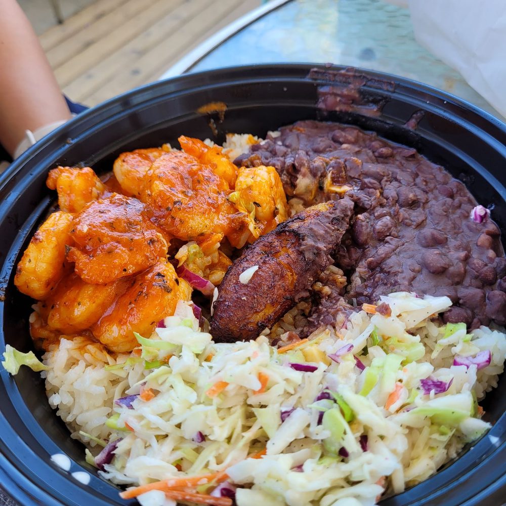Bongos - Spicy shrimp plate with maduros in center - Cuban Near Me - Seattle, Washington