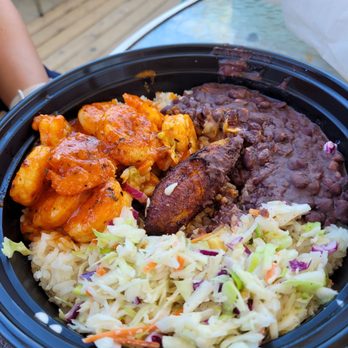 Bongos - Spicy shrimp plate with maduros in center - Cuban Near Me - Seattle, Washington Bongos - Spicy shrimp plate with maduros in center - Cuban Near Me - Seattle, Washington