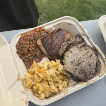 Kick Off Event Catering - Combo plate with mac n cheese, baked beans, brisket and chicken - Caterers Near Me Kick Off Event Catering - Combo plate with mac n cheese, baked beans, brisket and chicken - Caterers Near Me