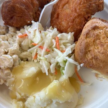 Pioneer Chicken - Chicken thigh & drumstick with Mac, potato's and gravy. As well as some coleslaw slaw and biscuit. - Fast Food Near Me - Los Angeles, California Pioneer Chicken - Chicken thigh & drumstick with Mac, potato's and gravy. As well as some coleslaw slaw and biscuit. - Fast Food Near Me - Los Angeles, California