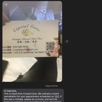 Crystal Cove - Very unprofessional - Hazel cancelled our appointment last minute. - Massage Near Me - San Mateo, California